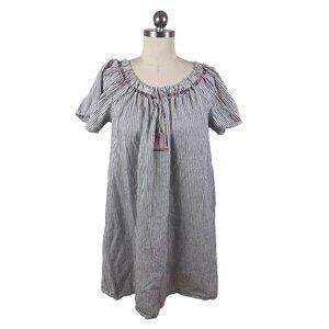 Knox Rose Linen Smock Peasant Dress XL Black Striped Embroidered Coastal Boho